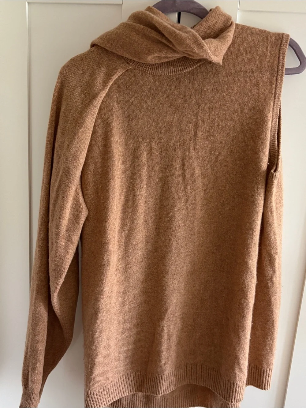 Tibi Featherweight Cashmere Cutout Sleeve Sweater in Camel